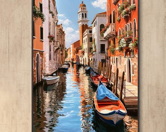 Vibrant European Italian Town Scenery Wall Art, Hand Venice Canal Oil Painting, Mediterranean Cityscape Canvas Home Decor, Housewarming Gift