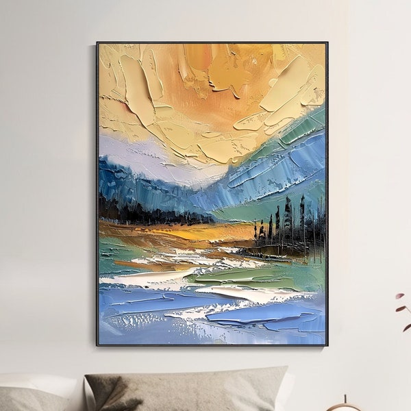 Peinture à l'huile 3D de montagnes et rivières Toile texturée de paysage naturel forêt vierge Décor mural minimaliste moderne Coucher de