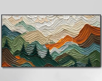 Hand-Drawn Oil Painting Minimalist Collision Color Decor Art Abstract Mountains Forest Knife Art Original Art Geometric Lines Wall Art Space