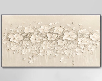 3D Hand Painted Oil Painting White Flowers Original Scenery Canvas Thick Texture Wall Art Minimalist Creamy White Wabi-Sabi Petal Knife