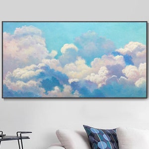 Puede incluir: Una pintura de un cielo azul con nubes blancas y esponjosas. Las nubes están pintadas con un estilo realista y el cielo es de un color azul claro.
