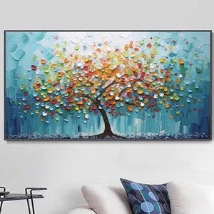 Large 3D Colorful Tree Canvas Oil Painting, Abstract Floral Landscape Wall Art, Original Botanical Texture Knife Painting, Custom Home Decor
