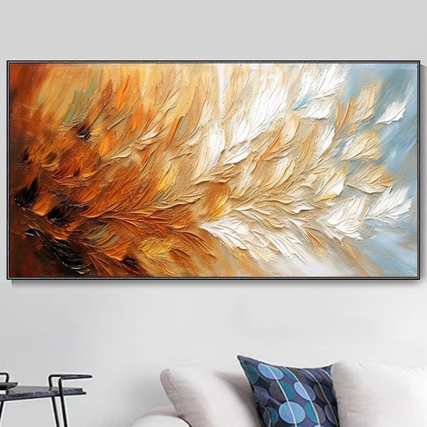 Peinture à l'huile dessinée à la main originale Thème de plumes abstraites colorées Fleurs sur toile Texture Art mural minimaliste moderne