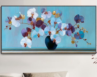 Orchid Vase Oil Painting Hand Painted 3D Floral Still Life Wall Art Vibrant Phalaenopsis Canvas Living Room Decor Impasto Mother's Day Gift
