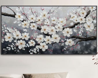 Impasto White Cherry Blossom Branch Oil Painting Hand Texture Spring Floral Wall Art Elegant White Bloom Living Room Decor Mother's Day Gift