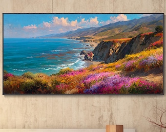 Impasto California Coastal Wildflower Painting Hand Painted Ocean Cliff Landscape Wall Art Vibrant Sea Canvas Living Room Decor Summer Gift