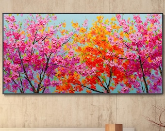 Peinture À L'huile Forêt Arc-En-Ciel Vibrante Impasto Peinte À La Main Art Mural Paysage Texturé Toile Décor Salon Cadeau D'emménagement