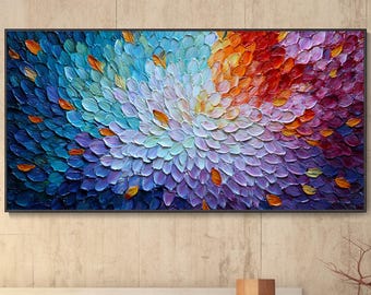 Impasto 3D Textured Rainbow Flower Oil Painting Hand Abstract Floral Wall Art Vibrant Multicolor Bloom Canvas Room Decor Housewarming Gift