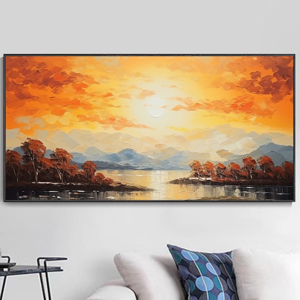 Coucher de soleil lumière crépusculaire paysage montagneux couleurs chaudes orange rouge original huile peinture couteau style surface calme