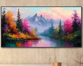 Pintura Al Óleo Montaña Arcoíris Río Impasto Pintada A Mano Arte De Pared Paisaje Bosque Colorido Lienzo Vibrante Decor Regalo De Mudanza