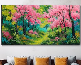 Fantasy Lush Spring Cherry Blossom Forest Art Oil Painting Original Serene Colorful Floral Room Deco Secret Garden Wall Art Gift Elegant Art