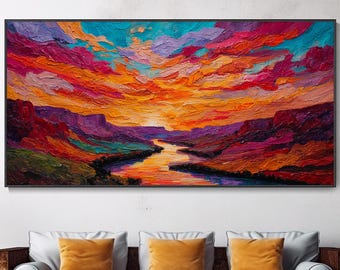 Lebendiger Sonnenuntergang Schlucht Fluss Ölgemälde Impasto Wandbild Kühne Landschaftskunst Modernes Wohnzimmer Dekor Jahrestagsgeschenk