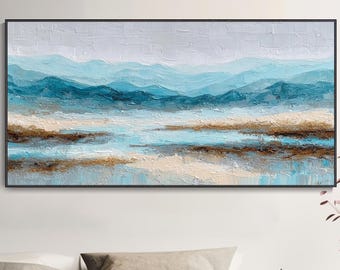 Minimalist Abstract Mountain Landscape Oil Painting, Coastal Impasto Wall Art, Ocean Seascape Artwork, Modern Bedroom Decor Anniversary Gift
