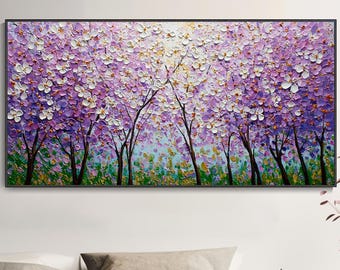 Impasto 3D Textured Purple Blossom Tree Oil Painting Hand Painted Knife Floral Wall Art Vibrant Lavender Spring Canvas Living Room Deco Gift