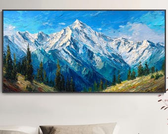 Snow Capped Mountain Peaks Oil Painting 3D Pine Forest Impasto Wall Art Vibrant Blue Alpine Landscape Artwork Bedroom Decor Christmas Gift