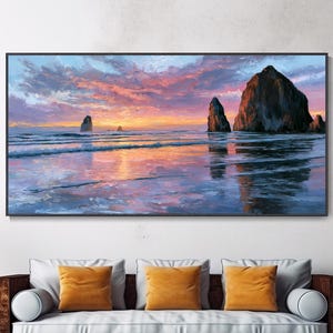 Haystack Rock Strand Sonnenuntergang Ölgemälde Oregon Küste Meereslandschaft Ozean Kunst Geburtstagsgeschenk Küsten Wohnkunst Lebendige