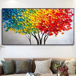 Original Abstract Colorful Tree Painting 3D Autumn Leaf Artwork Living Room Decor Vibrant Bright Botanical Canvas Wall Art Creative Custom