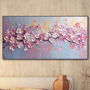 ピンクの桜の油絵 春の木の枝の花びら 温かみのある壁アート モダンな抽象的な背景 壁の装飾 花の風景 寝室の装飾