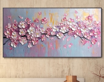 May include: A painting of a pink cherry blossom branch with a light blue and pink background. The painting is done in a textured style, giving the flowers a 3D effect.