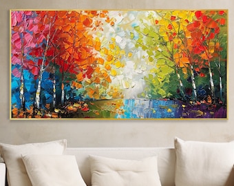 Colorful Autumn Oil Painting Original Abstract Forest Thick Texture Knife Painting Natural Landscape Decor Birthday Gift Customized Artwork