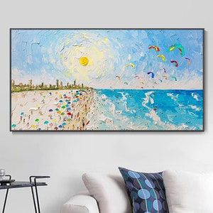 Original Joyful Coastal Painting, Summer Decor Landscape Swimming Oil Painting Textured Mural Christmas Gift Swimming Sport Art Oil Painting