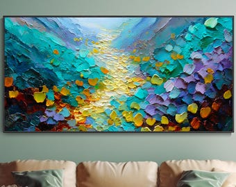 Pintura Al Óleo Valle Montañoso Turquesa Vibrante Arte De Pared Paisaje Abstracto Audaz Multicolor Decor Dormitorio Regalo Día De La Madre