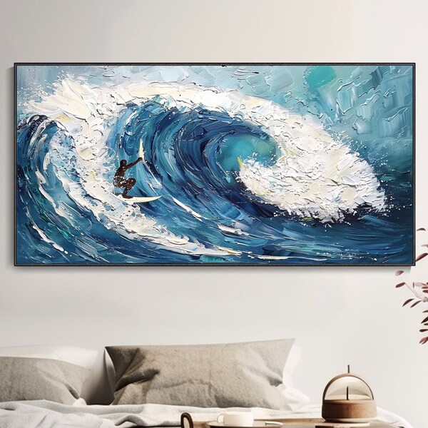 Ocean Wave Oil Painting Surfing Brave Blue Adventure Thick Texture Canvas Wall Art Seascape Landscape Portrait Home Decor Original Artwork