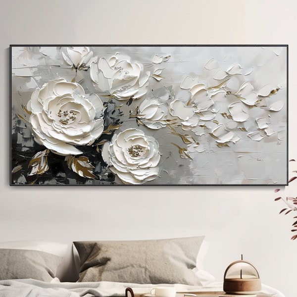 Peinture à l'huile sur toile roses blanches Style nordique minimaliste noir et blanc Abstrait floral paysage art mural Luxe doré déco maison