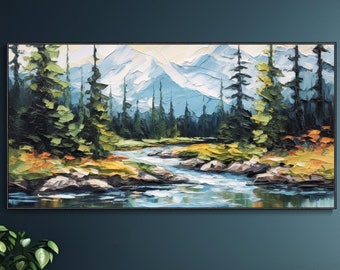 Autumn Mountains and Rivers Original Oil Painting Impasto Technique Landscape Panorama Modern Simplicity Living Room Decor Wall Art Misty