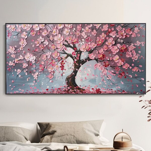 Grande peinture à l'huile de cerisiers roses personnalisée art mural paysage floral abstrait palette couteau décor romantique pour salon