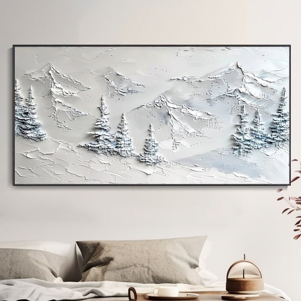 Inkognito-Stil 3D-Messer-Malerei Grauweiße Töne Winterlandschaft Ölgemälde Stille Schneeberge Wald Wandkunst Skandinavisches Wohnzimmerdekor