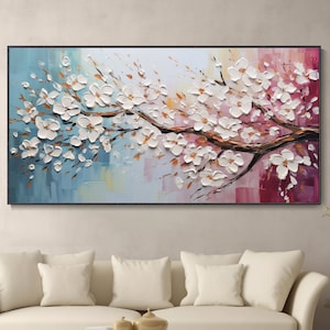 オリジナルの花柄の絶妙なキャンバスアート ボヘミアン 春のテクスチャ 壁装飾 3D手描き 桜の木 油絵 ミニマリストルーム