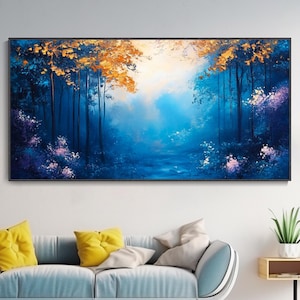 Original Blue Forest Oil Painting Tree Landscape Artwork Forest Exploration Wall Painting Natural Interior Deco Artist Canvas Creation Mural