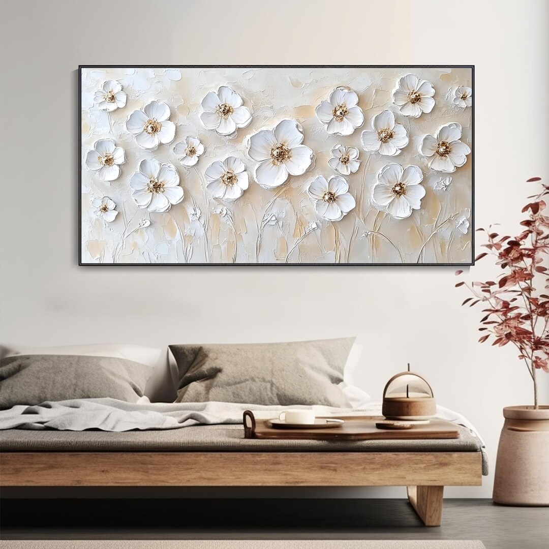 3D Abstract Floral Texture Oil Painting White Flower Petal Wall Decor ...