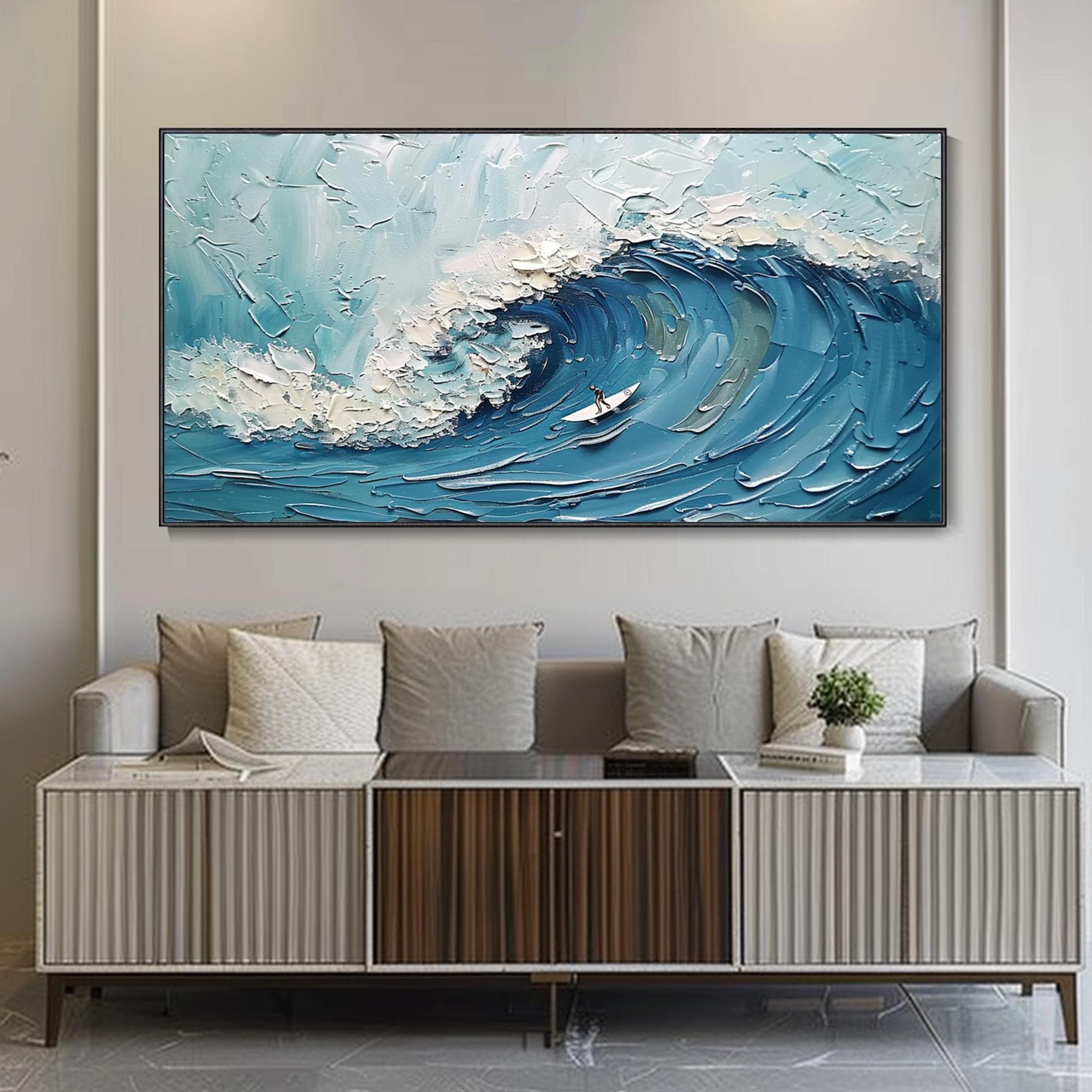 Abstract Blue Ocean White Wave Texture Oil Painting Large Canvas Art ...