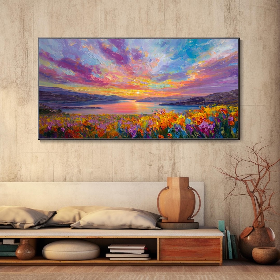 Gorgeous Sunset Oil Painting Wildflower Natural Landscape Warm Serene ...