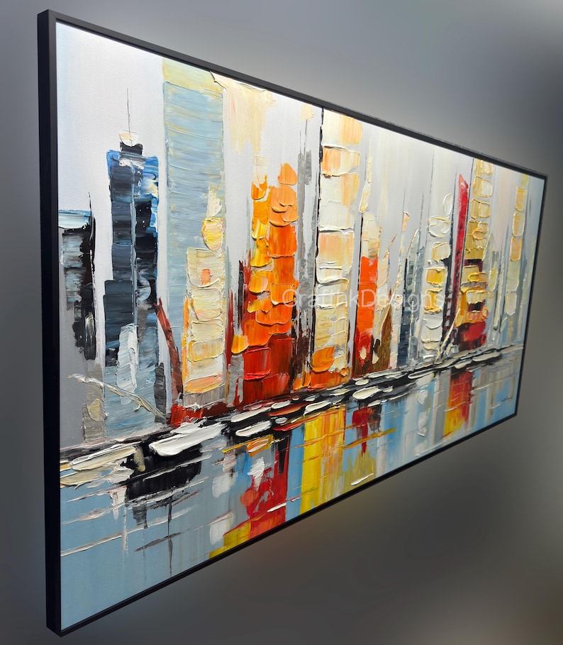 Modern Urban Artwork Cityscape Oil Painting 3D Canvas Textured Wall Art ...