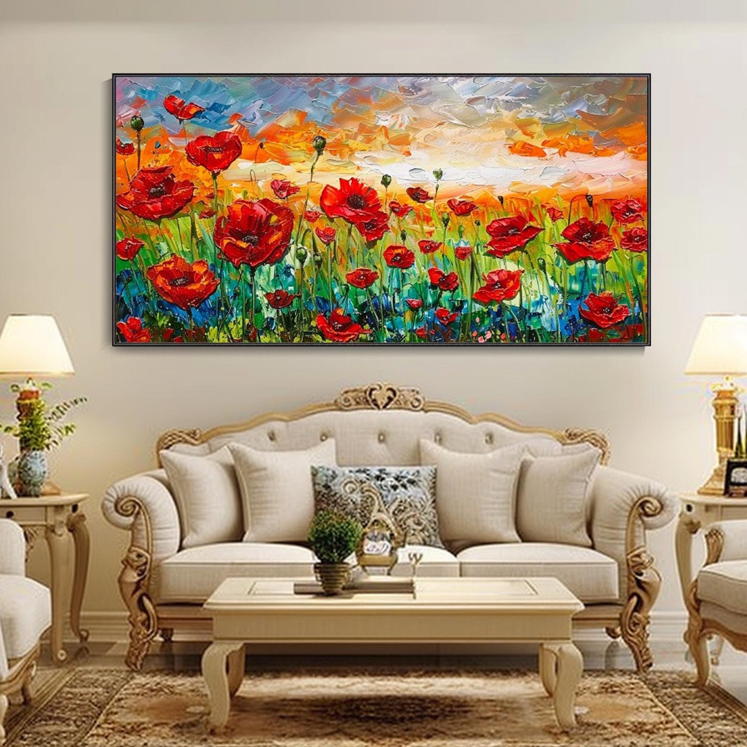 Large Poppy Oil Painting Spring Painting Red Flower Landscape Wall ...