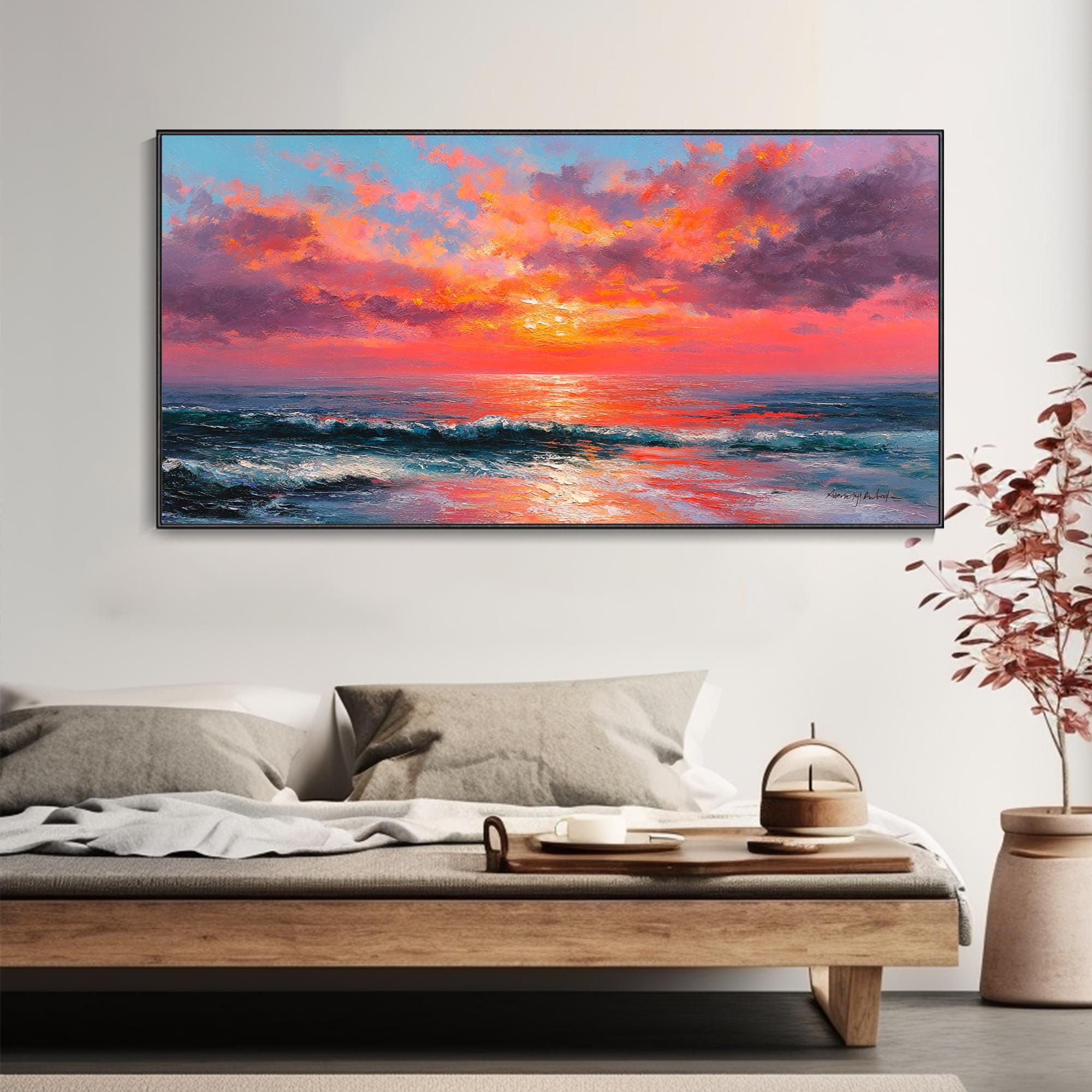3D Textured Impasto Ocean Sunset Oil Painting Vibrant Coastal Wall ...