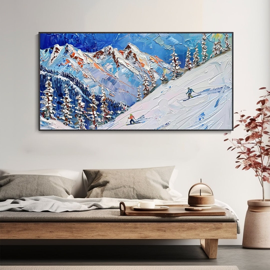 Snowy Mountain Skiing Thick Texture 3D Knife Oil Painting Blue Tone ...