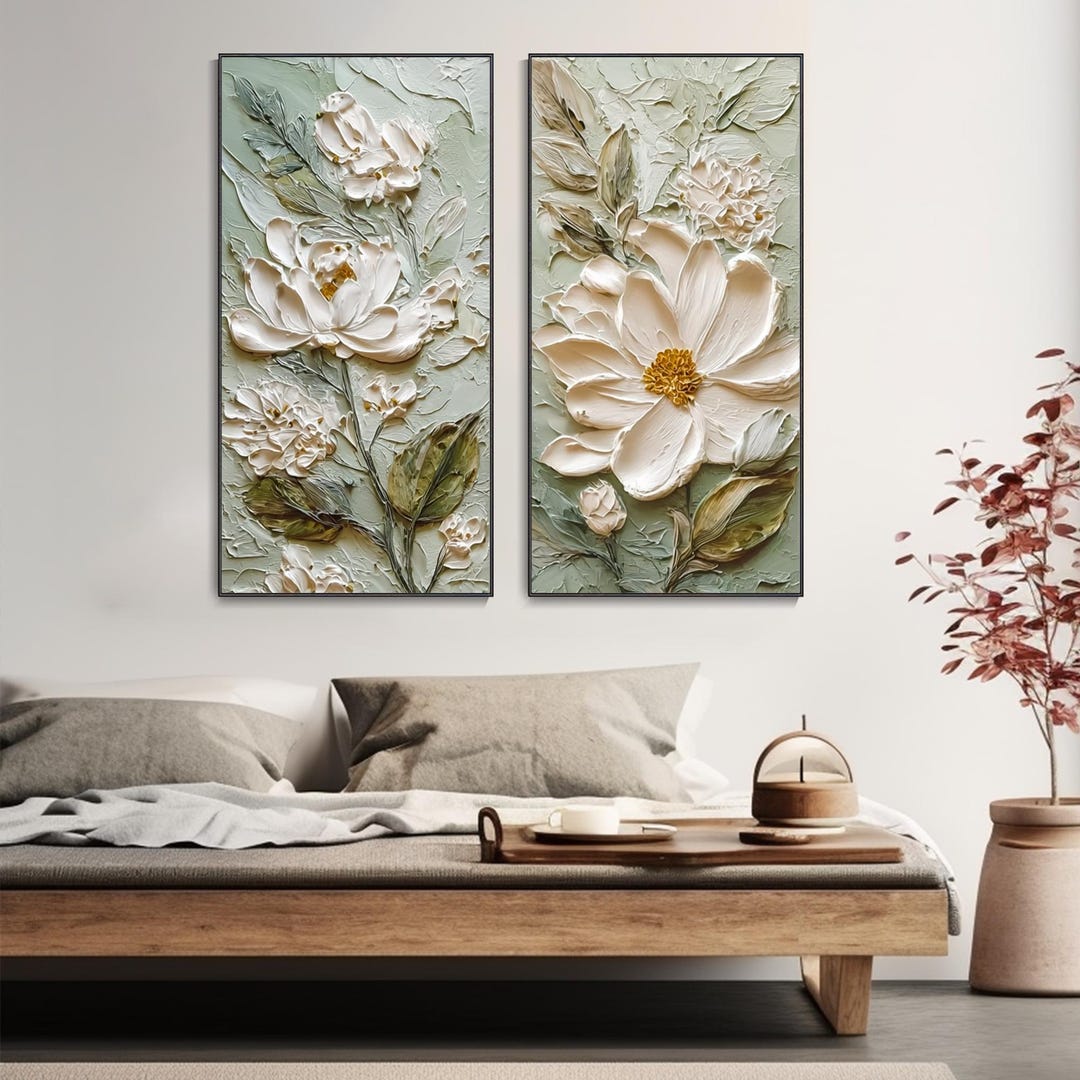 Modern 3D Textured White Floral Oil Painting Hand Painted Impasto Peony ...