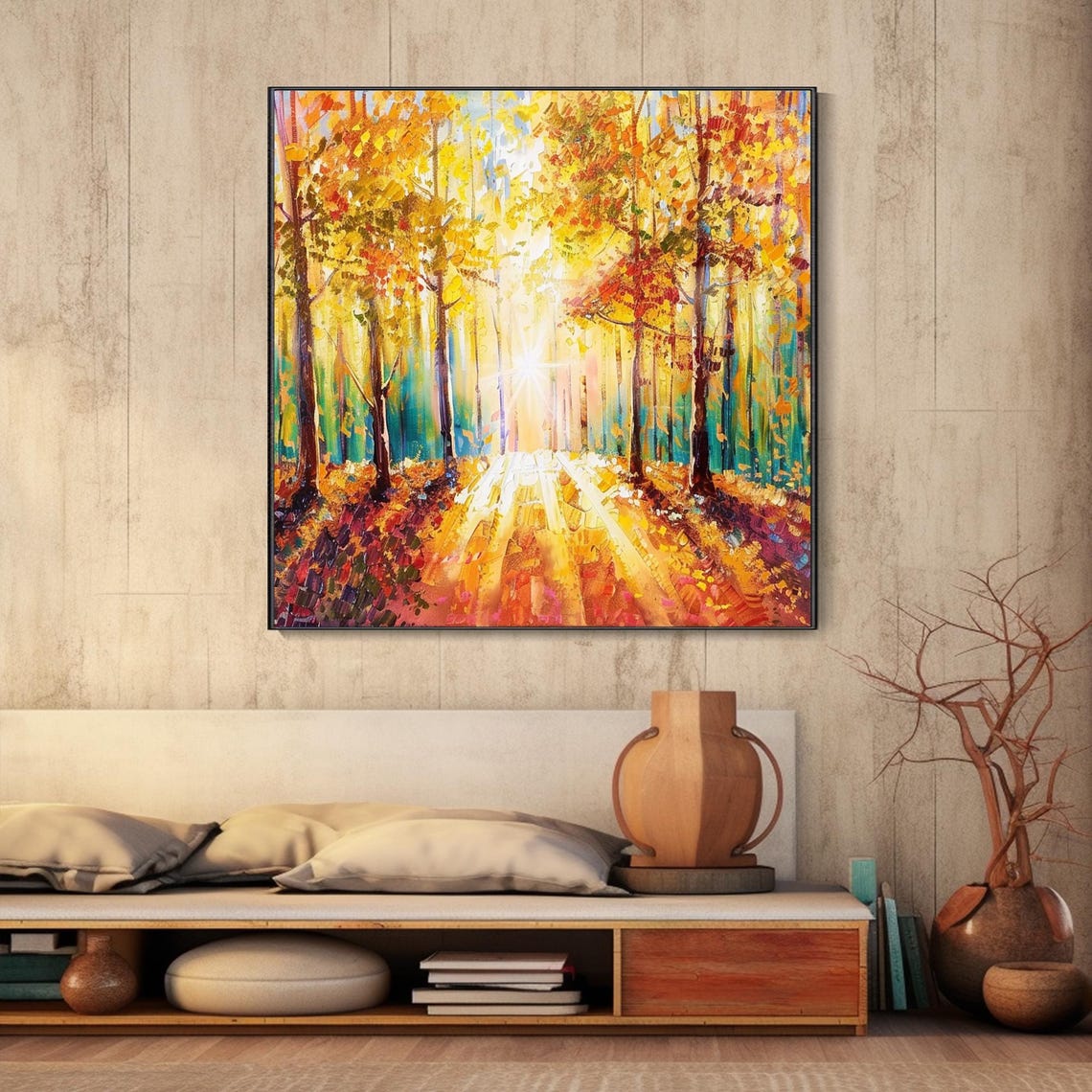 Sunset Forest Oil Painting Boho Texture Landscape Art Autumn Colorful ...