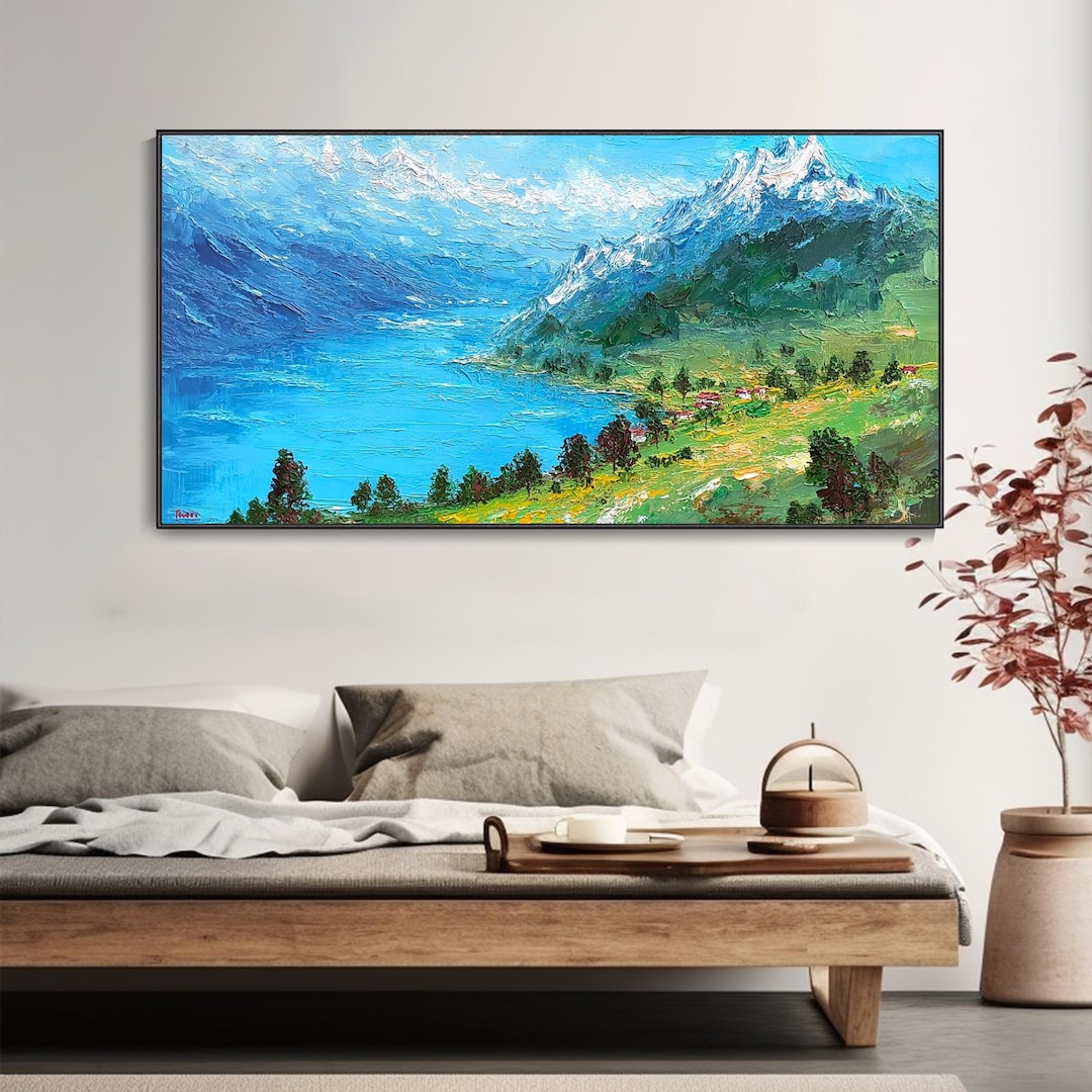 Swiss Alps Alpine Lake Mountain Oil Painting Textured Wall Art Vibrant ...