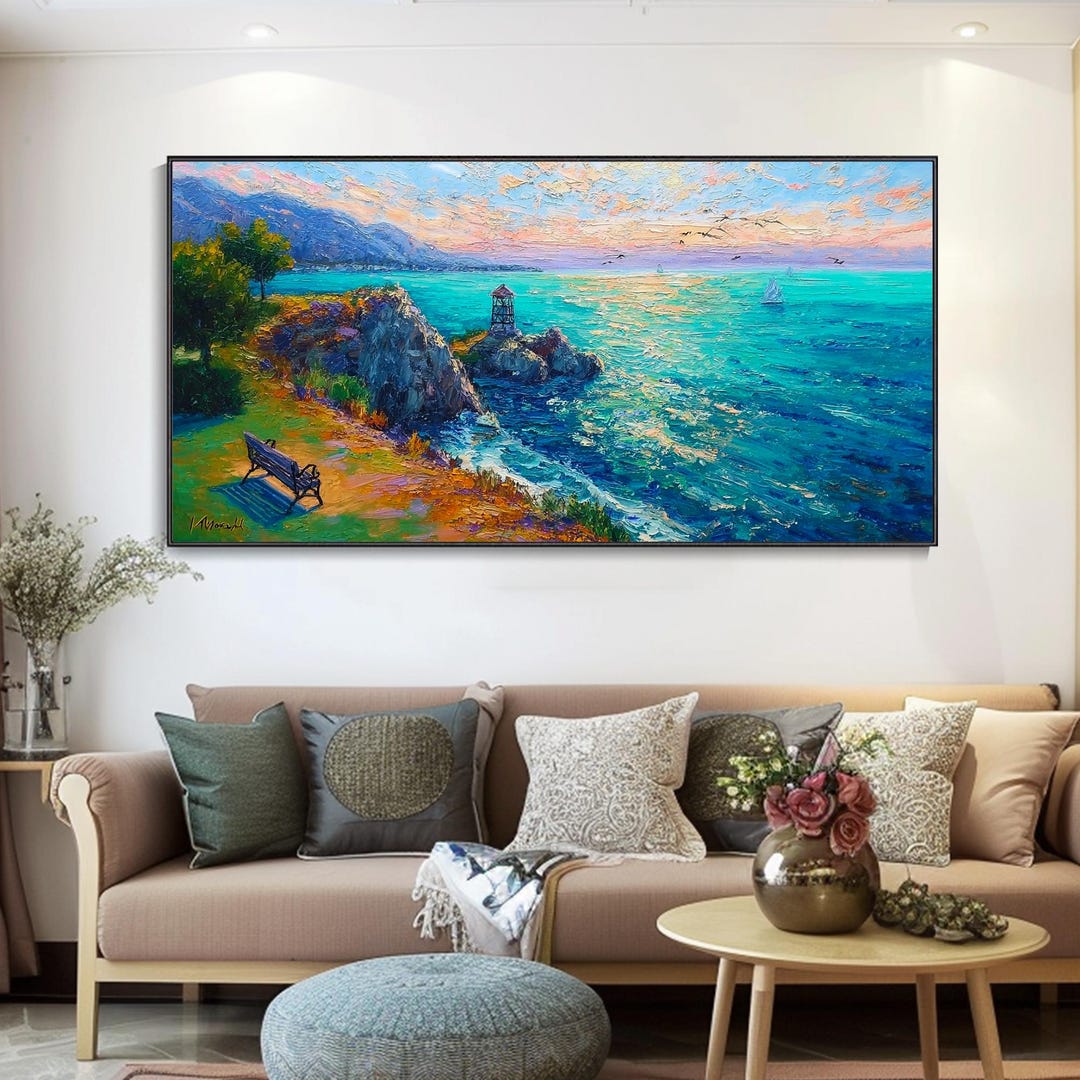 Original Ocean Sunset Lighthouse Oil Painting Abstract Landscape Art ...