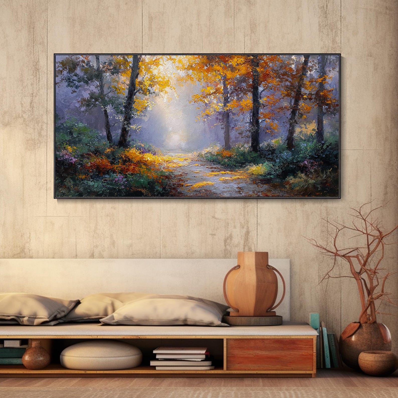 Autumn Forest Path Landscape Oil Painting 3D Warm Sunshine Wall Art ...