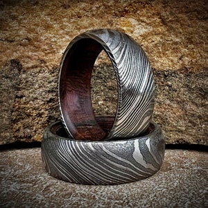 Whiskey Barrel Ring, Handmade Damascus Steel Ring, Brass Inlay Inside Wedding Band Unique Engagement Damascus Steel Ring Father's Day Gift