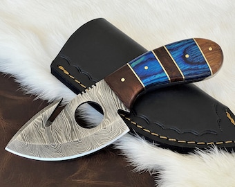 Nóż Gut Hook Skinner, nóż ze stali damasceńskiej, nóż z pełnym trzpieniem, rękojeść z drewna, noże kempingowe, spersonalizowany nóż myśliwski, prezent dla niego