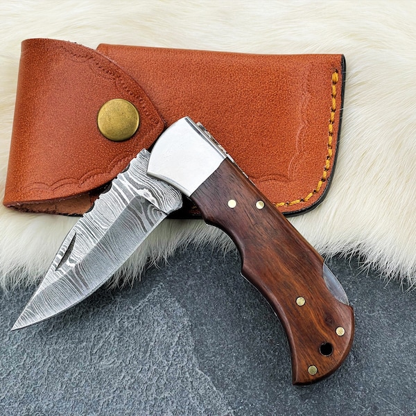 Cuchillo de bolsillo de acero de Damasco hecho a mano, cuchillo plegable, mango de madera, regalo personalizado para él, regalo para papá, regalo de cumpleaños, regalo del Día del Padre