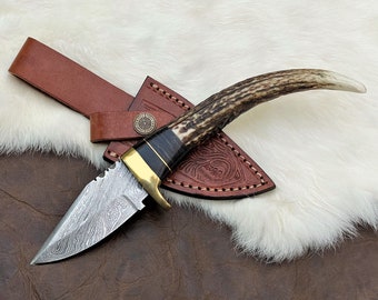 Stag Antler Knife, Damascus Steel Knife, Deer Antler Knife, Personalized Pocket Knife, Engraved Knife, Custom Knife Gift Valentines Day Gift