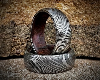 Whiskey Barrel Ring, Handmade Damascus Steel Ring, Brass Inlay Inside Wedding Band Unique Engagement Damascus Steel Ring Gift for Him